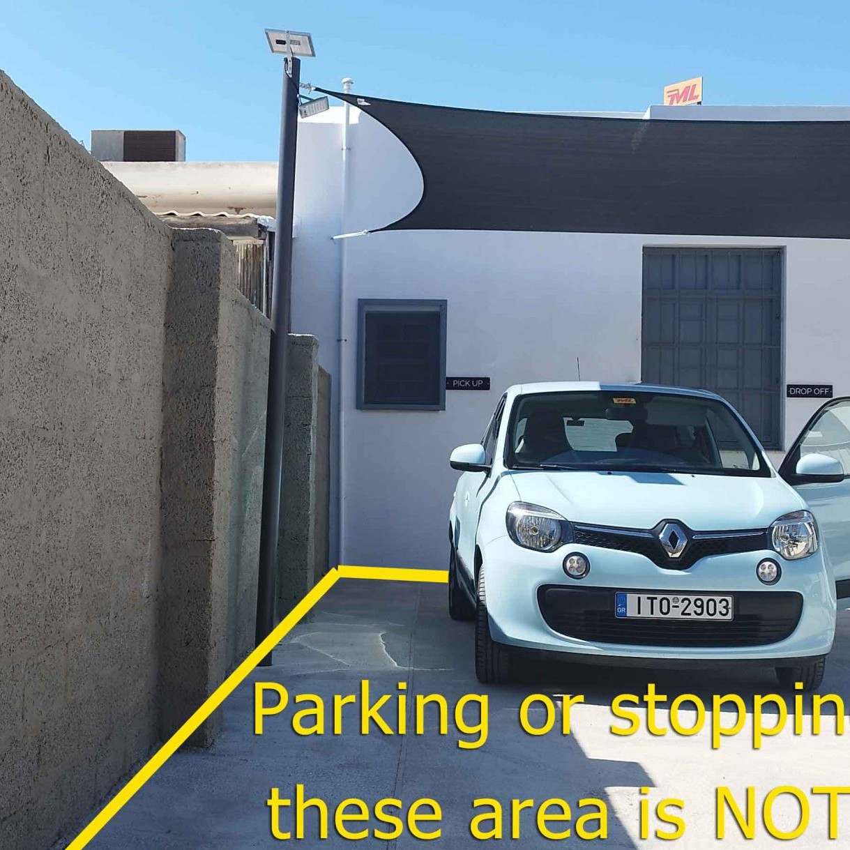 Motorland car rental pick-up area at Paros Port